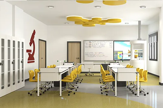 lab classroom with yellow chairs and smart board